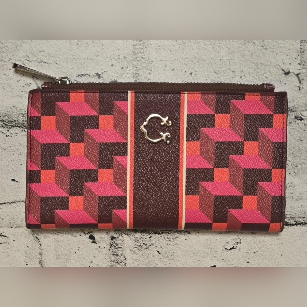 C Wonder Geometric Zip Around Wallet Pink Brown Clutch Organizer
